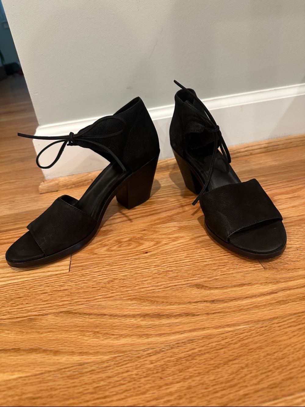 Eileen Fisher “Ann” Black Open-Toe Block Heel Sandals with Ankle Tie